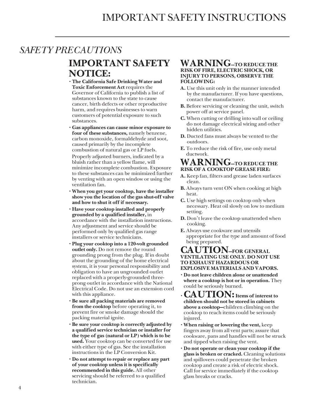 GE ZGU3650WBWG, ZGU3650BBBG, 183D5580P079 manual Important Safety Instructions 