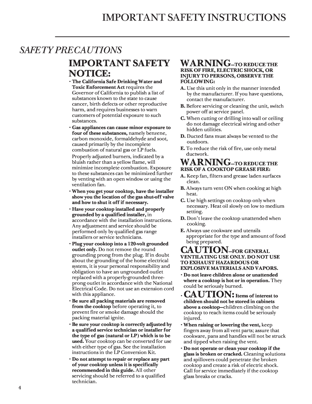 GE ZGU3650WBWG, ZGU3650BBBG, 183D5580P079 Important Safety Instructions, Important Safety Notice, Safety Precautions 