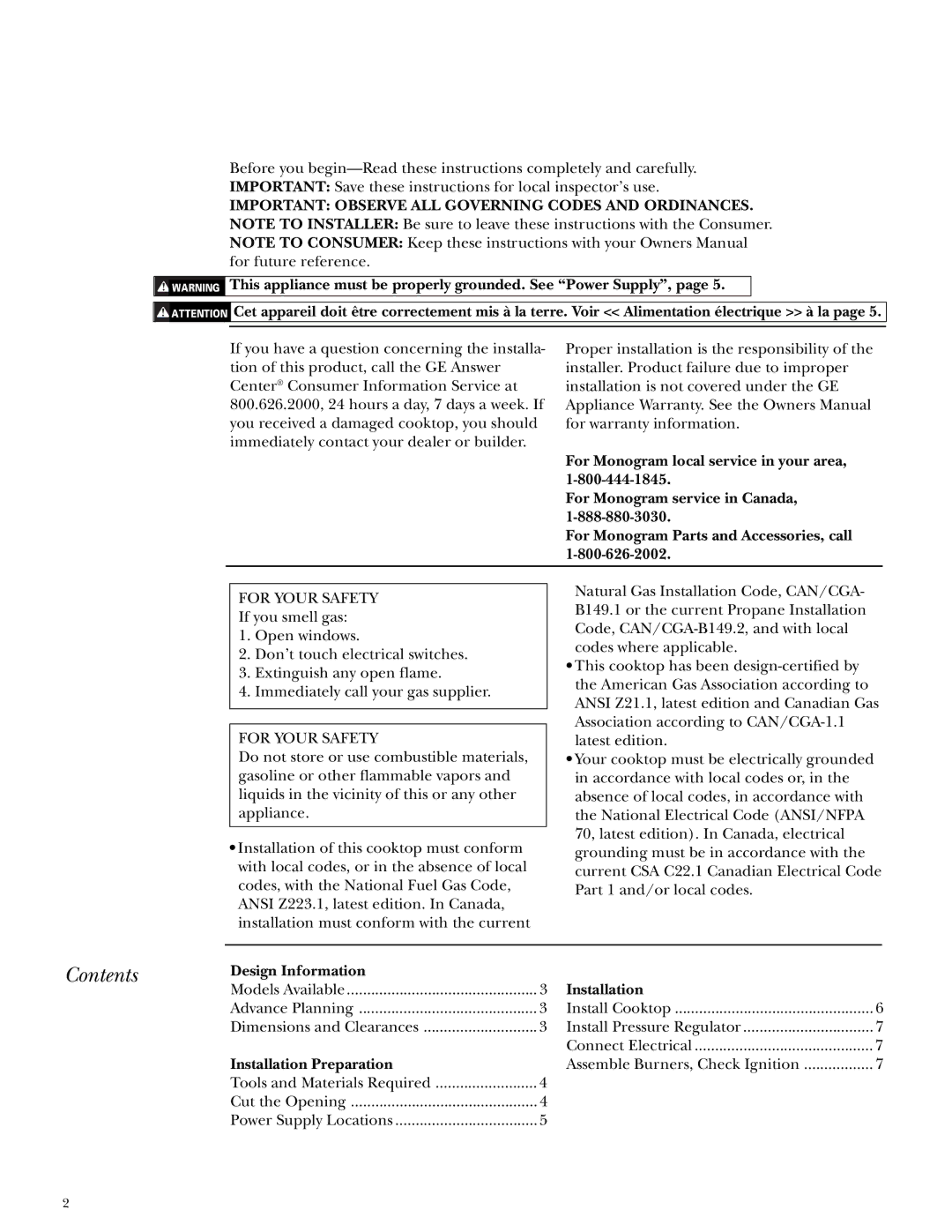 GE ZGU3650 installation instructions Contents 