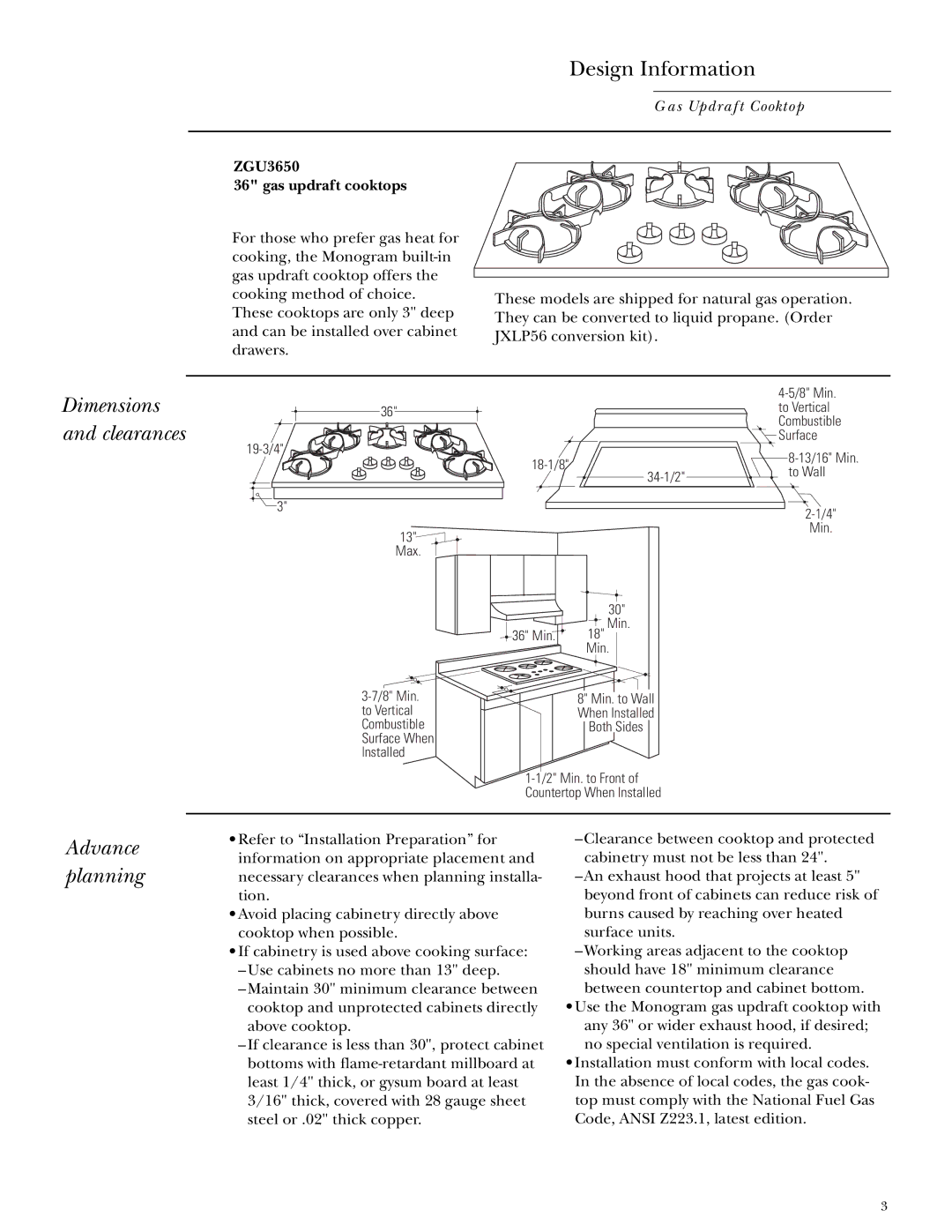 GE Design Information, Advance planning, Dimensions and clearances, ZGU3650 Gas updraft cooktops 