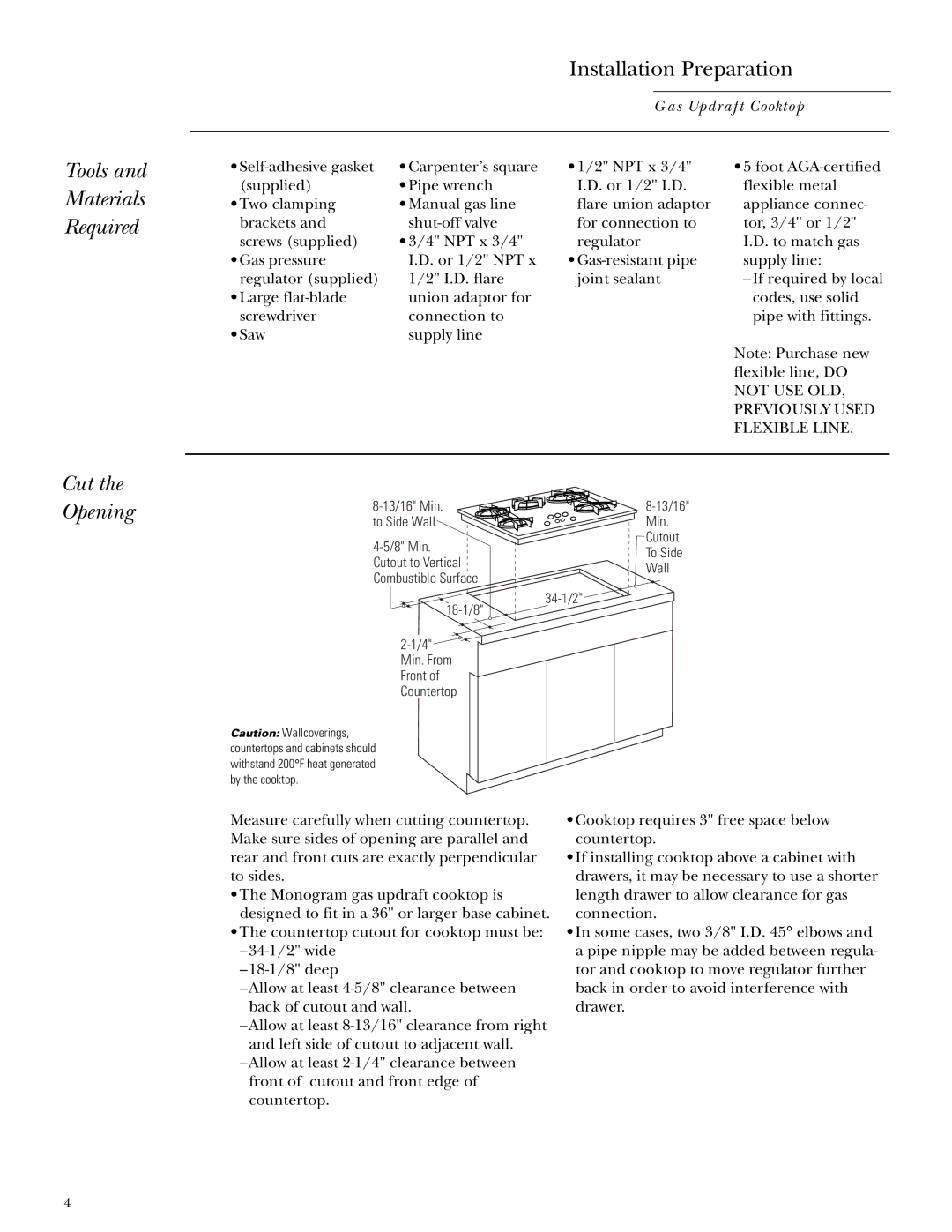 GE ZGU3650 installation instructions Tools Materials Required, Installation Preparation, Cut the Opening 