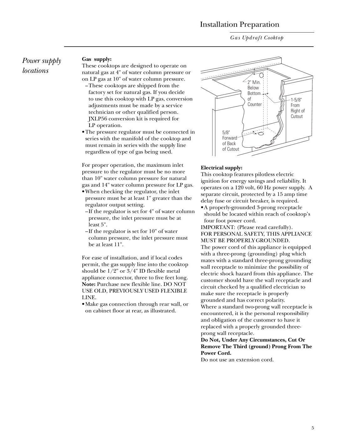 GE ZGU3650 Installation Preparation, Power supply locations, Gas supply, Electrical supply, Min Below Bottom Counter From 