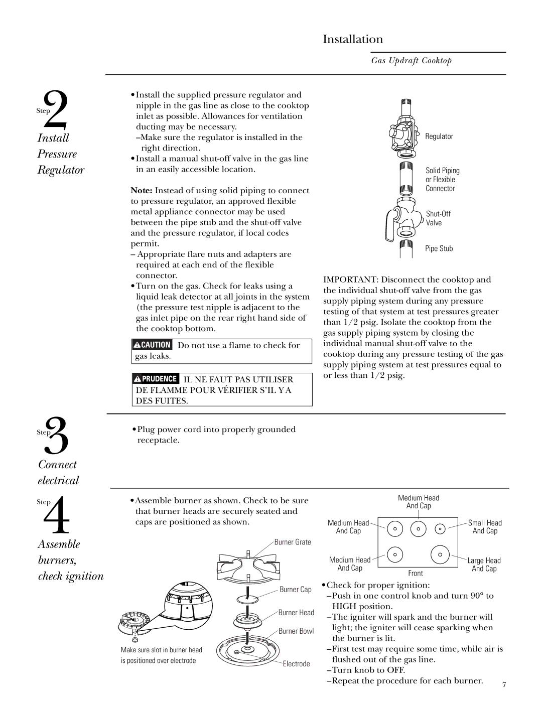 GE ZGU3650 installation instructions Install Pressure Regulator, Connect electrical, Assemble burners, check ignition 