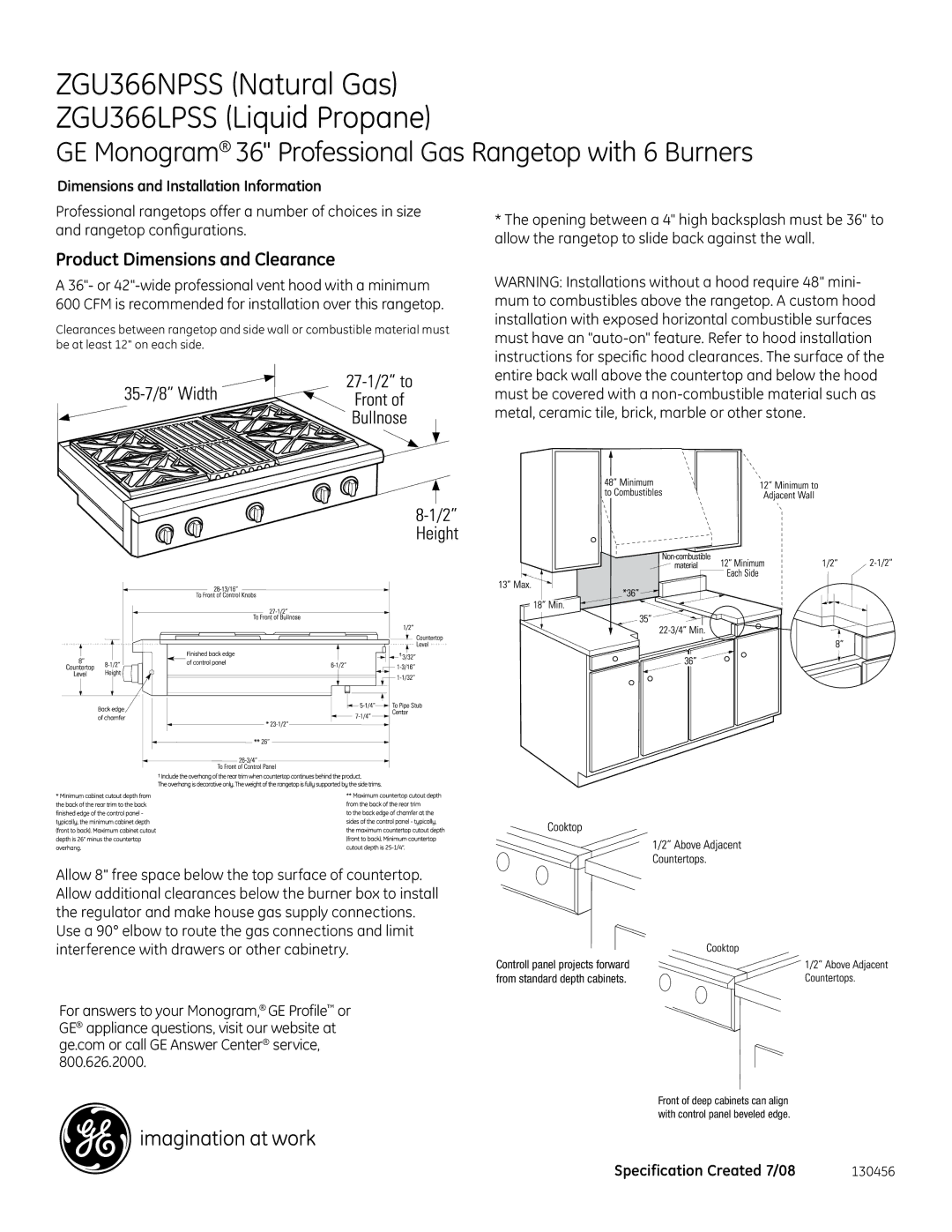 GE dimensions ZGU366NPSS Natural Gas ZGU366LPSS Liquid Propane, GE Monogram 36 Professional Gas Rangetop with 6 Burners 