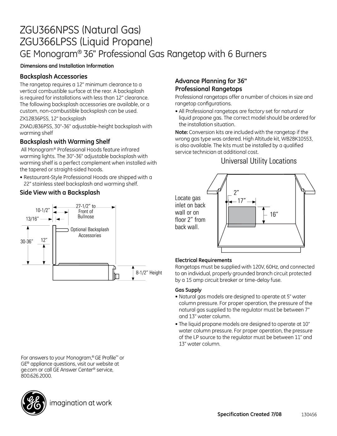 GE ZGU366NPSS, ZGU366LPSS Backsplash Accessories, Backsplash with Warming Shelf, Electrical Requirements, Gas Supply 