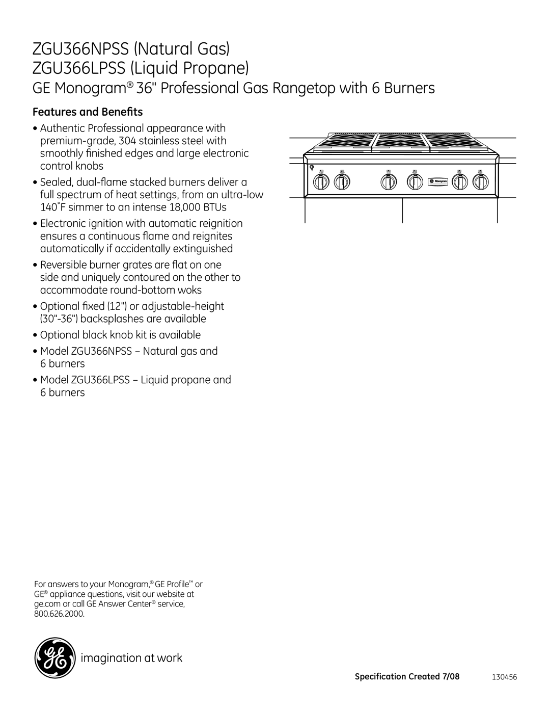 GE ZGU366LPSS, ZGU366NPSS dimensions Features and Benefits 