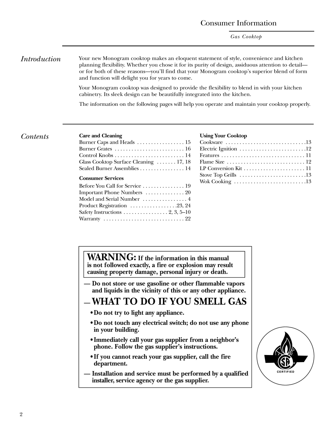 GE ZGU36GG owner manual What to do if YOU Smell GAS, Introduction, Contents 