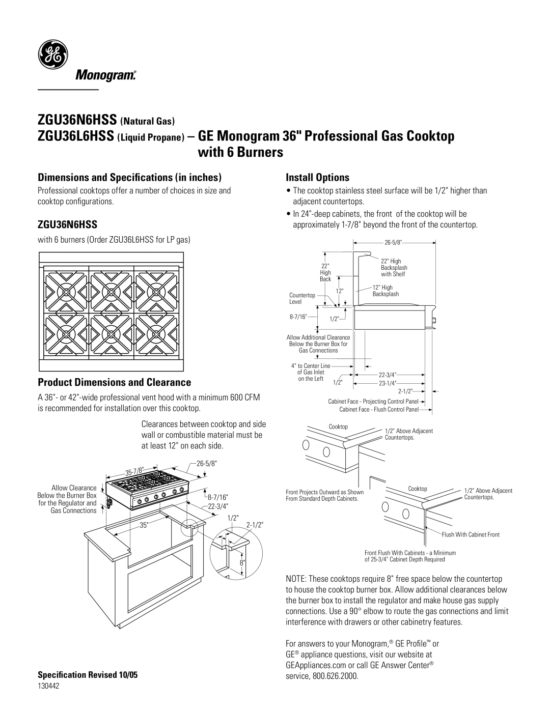 GE ZGU36N6HSS dimensions Dimensions and Speciﬁcations in inches, Product Dimensions and Clearance, Install Options 