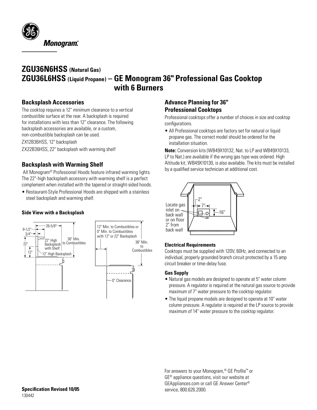 GE ZGU36N6HSS dimensions Backsplash Accessories, Backsplash with Warming Shelf, Advance Planning for Professional Cooktops 