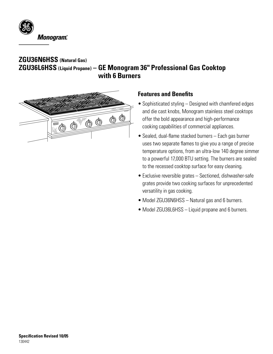 GE ZGU36N6HSS dimensions Features and Beneﬁts 