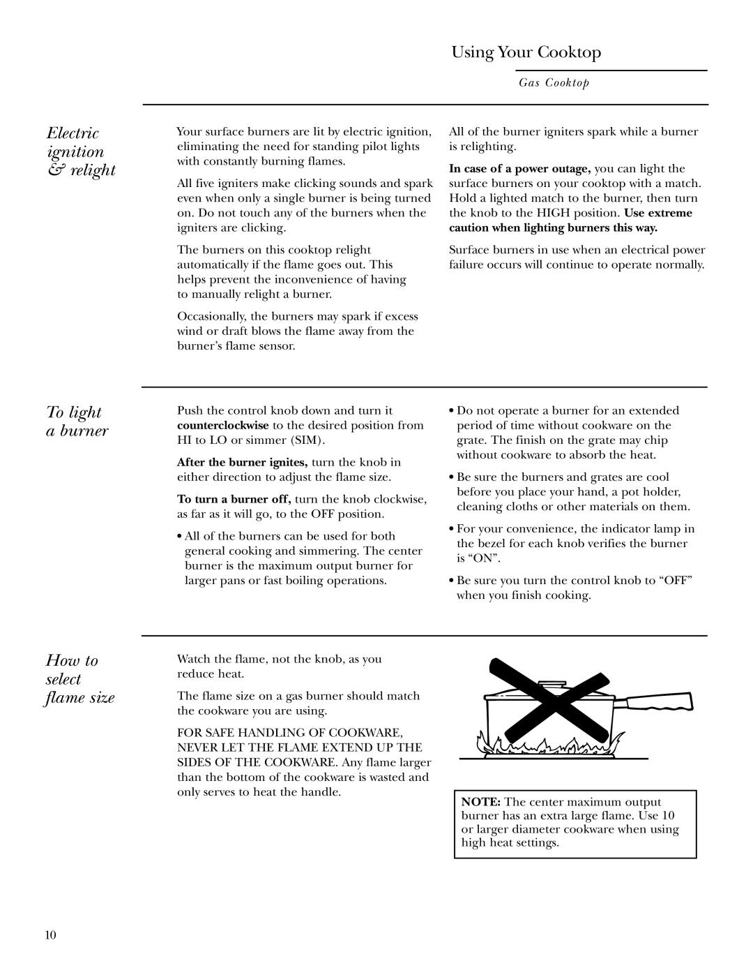 GE ZGU375NS, ZGU375LS owner manual Electric ignition & relight, To light a burner, How to select flame size 