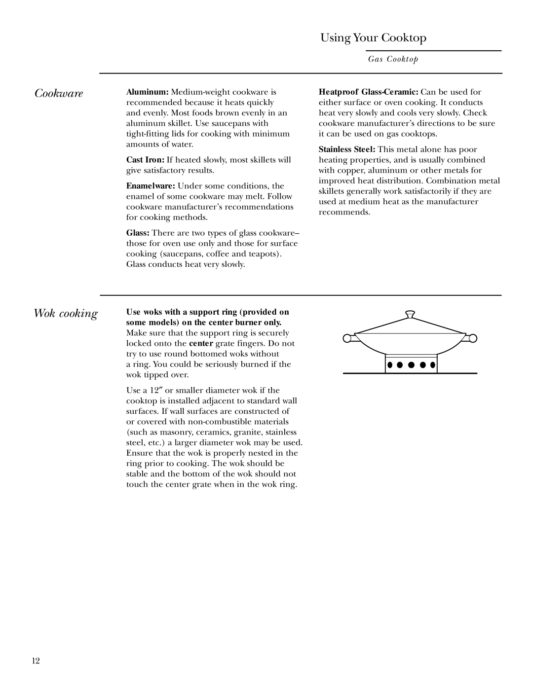 GE ZGU375NS, ZGU375LS owner manual Cookware, Wok cooking 