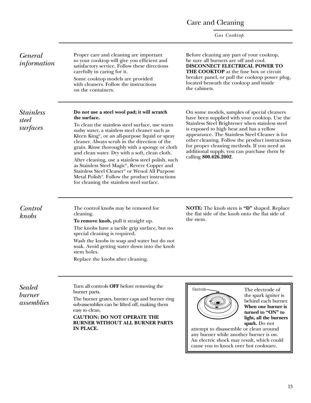 GE ZGU375LS, ZGU375NS owner manual General information, Stainless steel surfaces, Control knobs, Sealed burner assemblies 