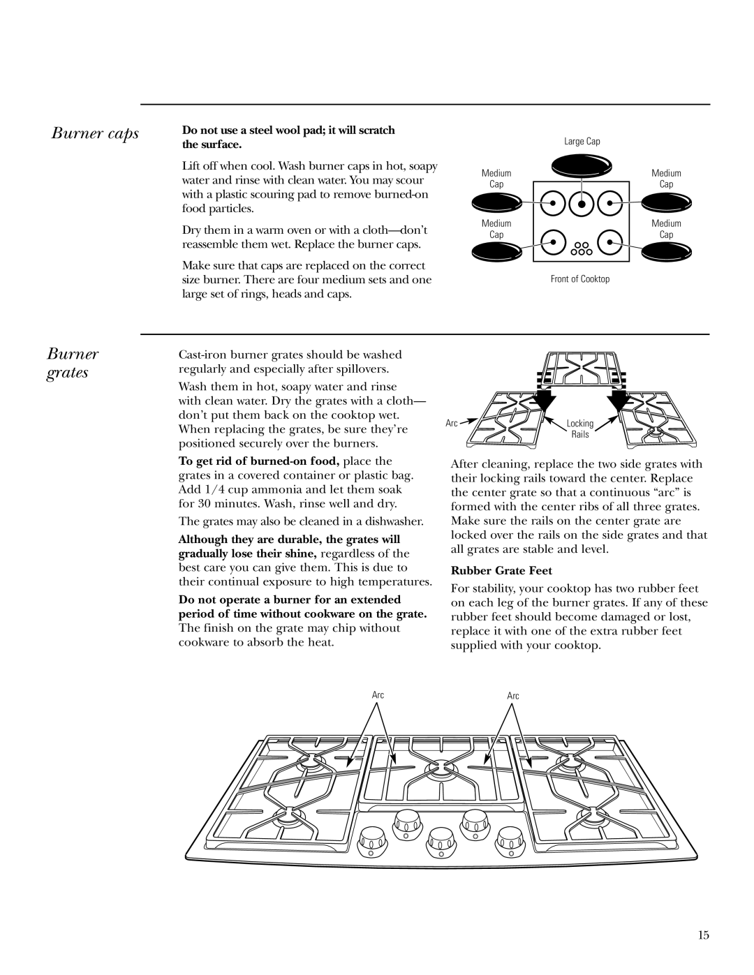 GE ZGU375LS, ZGU375NS owner manual Burner caps, Burner grates, Rubber Grate Feet 