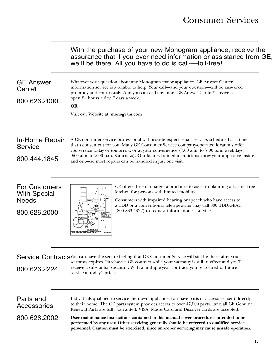 GE ZGU375LS, ZGU375NS owner manual Consumer Services 