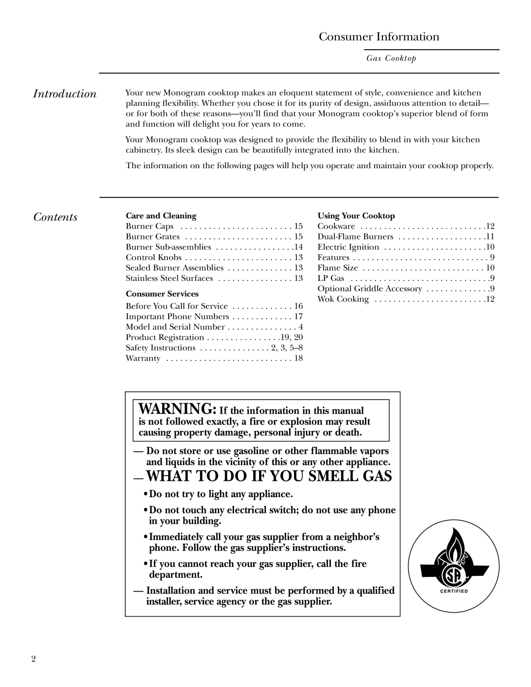 GE ZGU375NS, ZGU375LS owner manual What to do if YOU Smell GAS, Introduction, Contents 