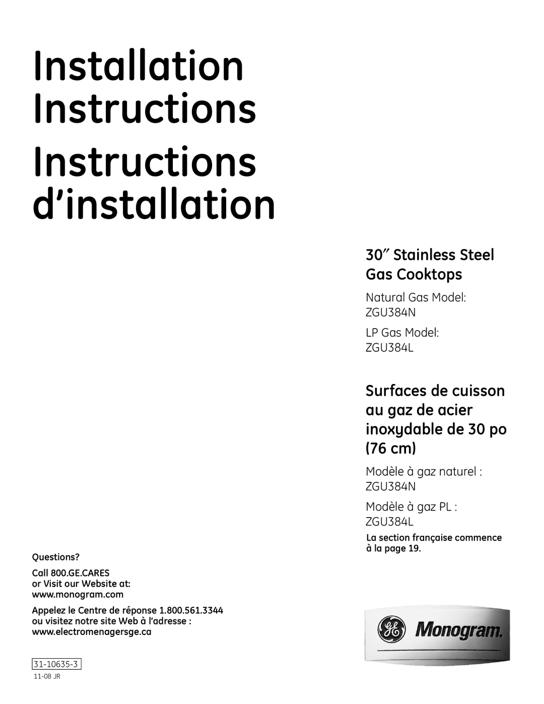 GE ZGU384LSMSS, ZGU384N installation instructions Questions? Call 800.GE.CARES, La section française commence à la 