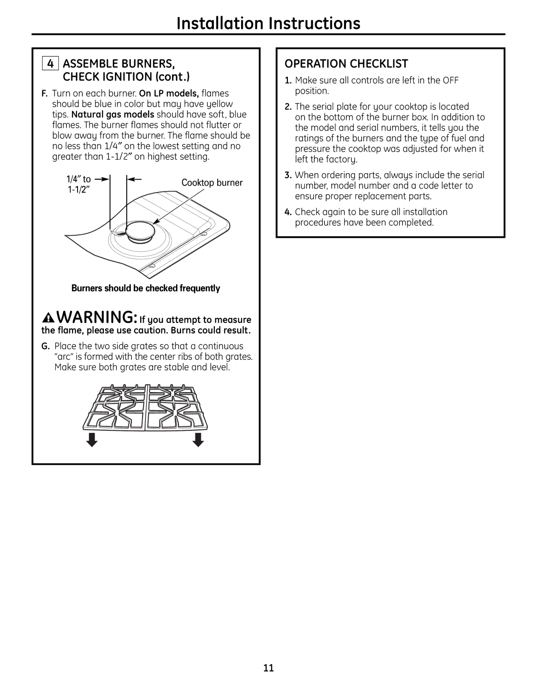 GE ZGU384NSMSS, ZGU384LSMSS installation instructions Operation Checklist, Burners should be checked frequently 