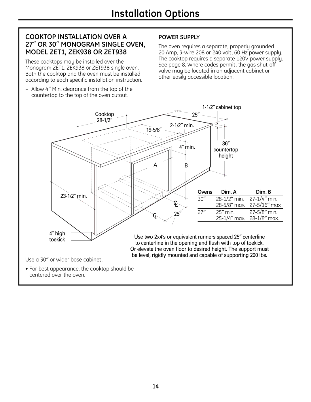 GE ZGU384LSMSS, ZGU384NSMSS Cooktop Installation Over a, Model ZET1, ZEK938 or ZET938, Ovens Dim. a Dim. B 