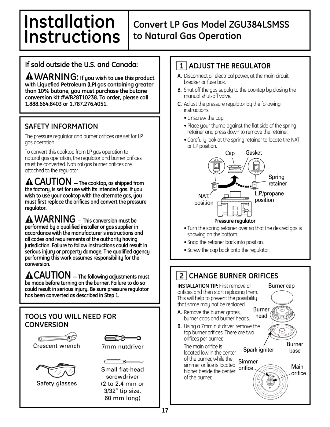 GE ZGU384NSMSS installation instructions Convert LP Gas Model ZGU384LSMSS to Natural Gas Operation 