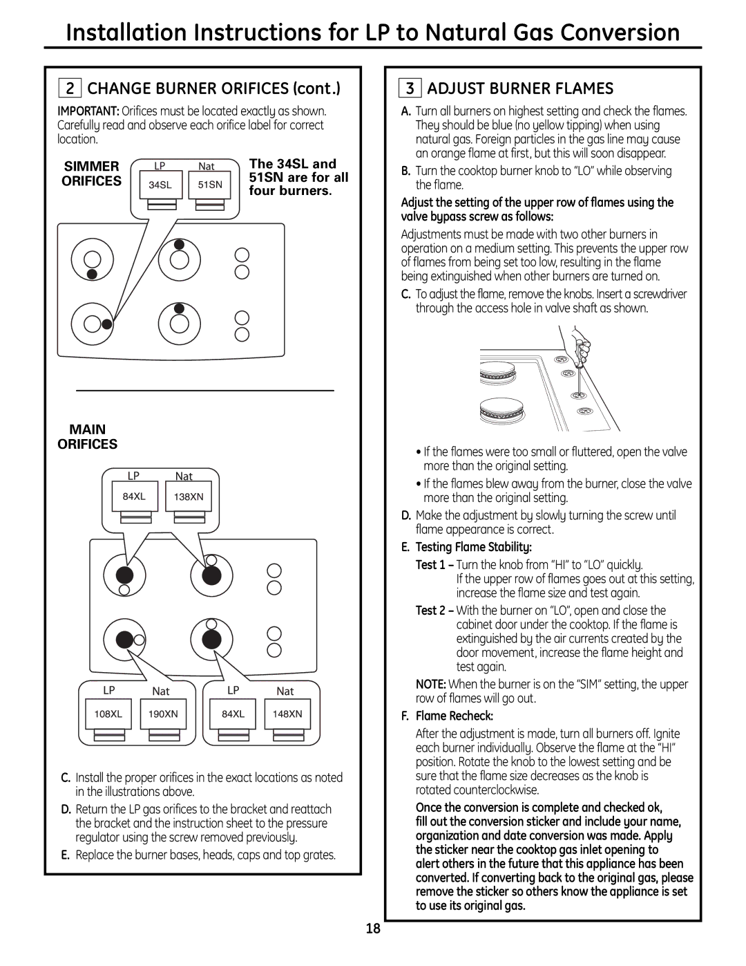 GE ZGU384LSMSS, ZGU384NSMSS installation instructions Installation Instructions for LP to Natural Gas Conversion 