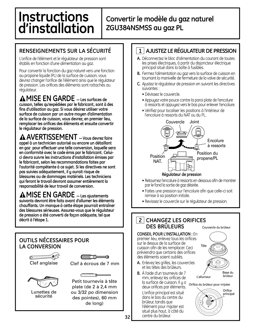 GE ZGU384N Renseignements SUR LA Sécurité, Outils Nécessaires Pour LA Conversion, Changez LES Orifices DES Brûleurs 