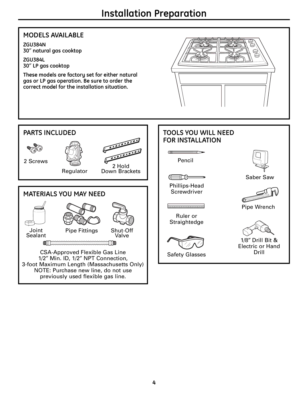 GE ZGU384LSMSS, ZGU384NSMSS Installation Preparation, Models Available, Parts Included, Materials YOU MAY Need 