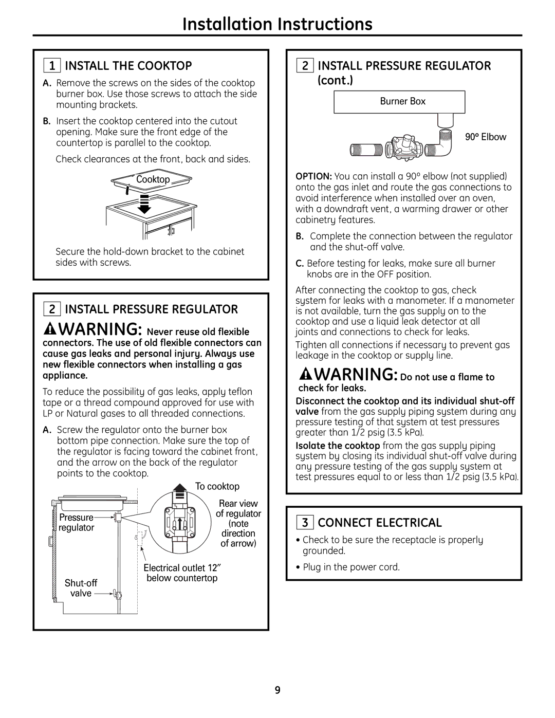 GE ZGU384LSMSS, ZGU384N Installation Instructions, Install the Cooktop, Install Pressure Regulator, Connect Electrical 