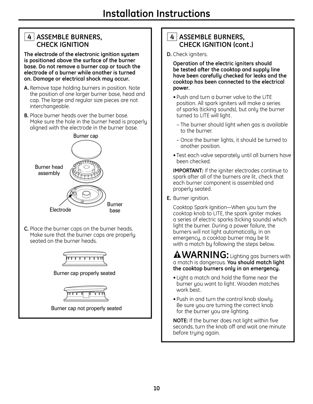 GE ZGU385N, ZGU385L installation instructions Assemble BURNERS, Check Ignition, Check igniters 