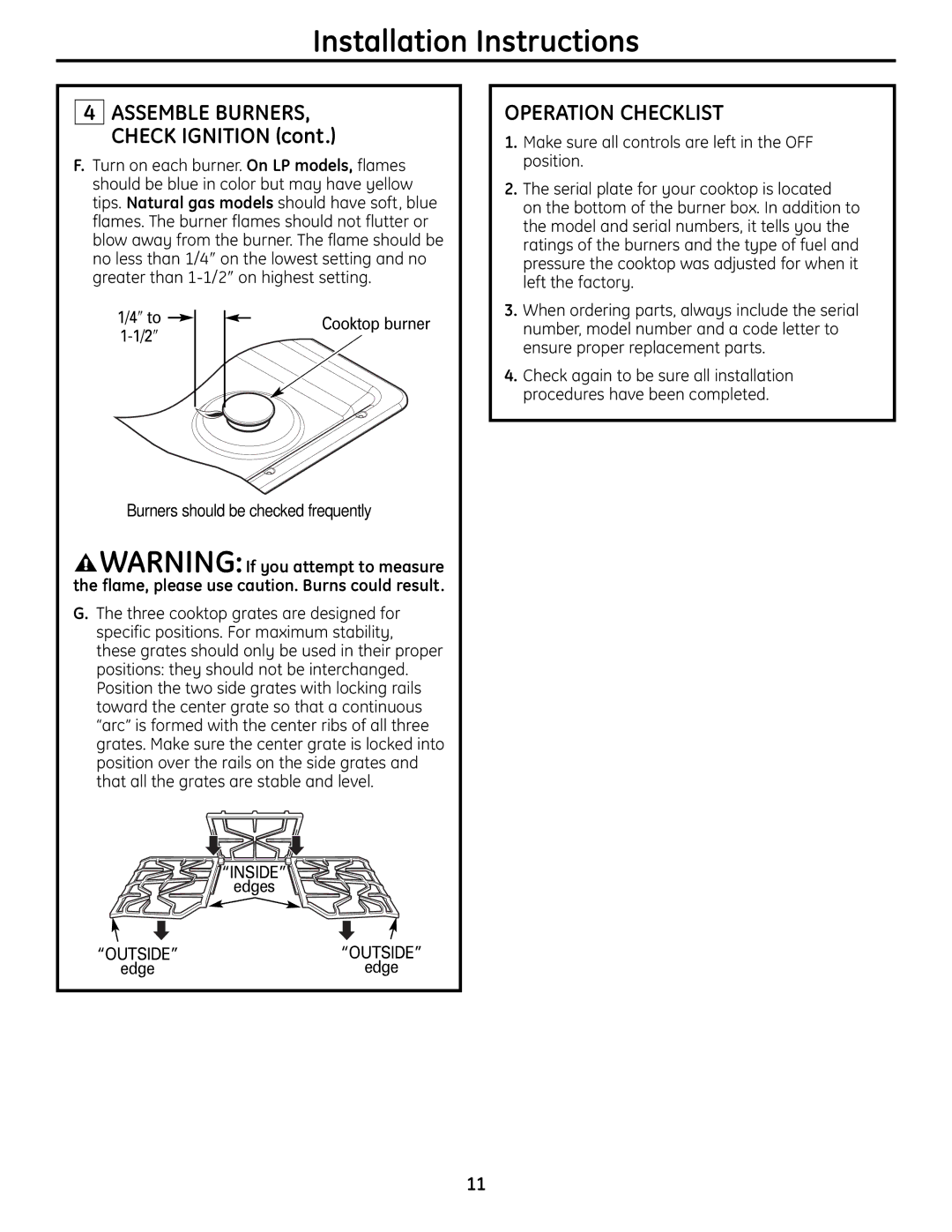 GE ZGU385L, ZGU385N installation instructions Operation Checklist, ″ to, Burners should be checked frequently, Edges 