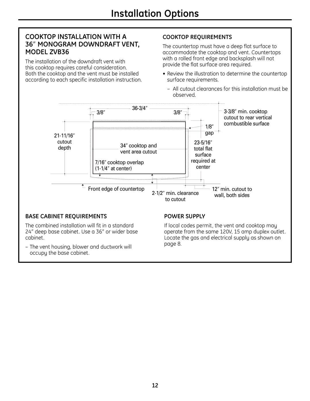 GE ZGU385N, ZGU385L installation instructions Installation Options, ″ gap 23-5/16″total flat surface required at center 
