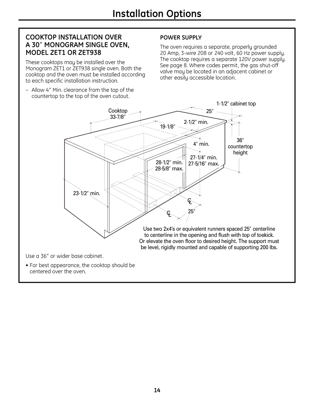 GE ZGU385N, ZGU385L Model ZET1 or ZET938, Oven requires a separate, properly grounded, 36″ ″ min. countertop Height 