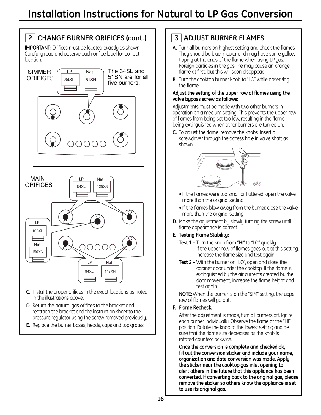 GE ZGU385N, ZGU385L installation instructions Adjust Burner Flames 