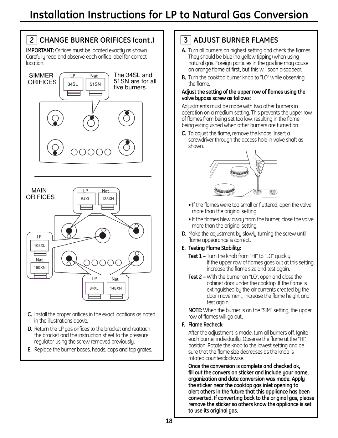 GE ZGU385N, ZGU385L installation instructions Installation Instructions for LP to Natural Gas Conversion 