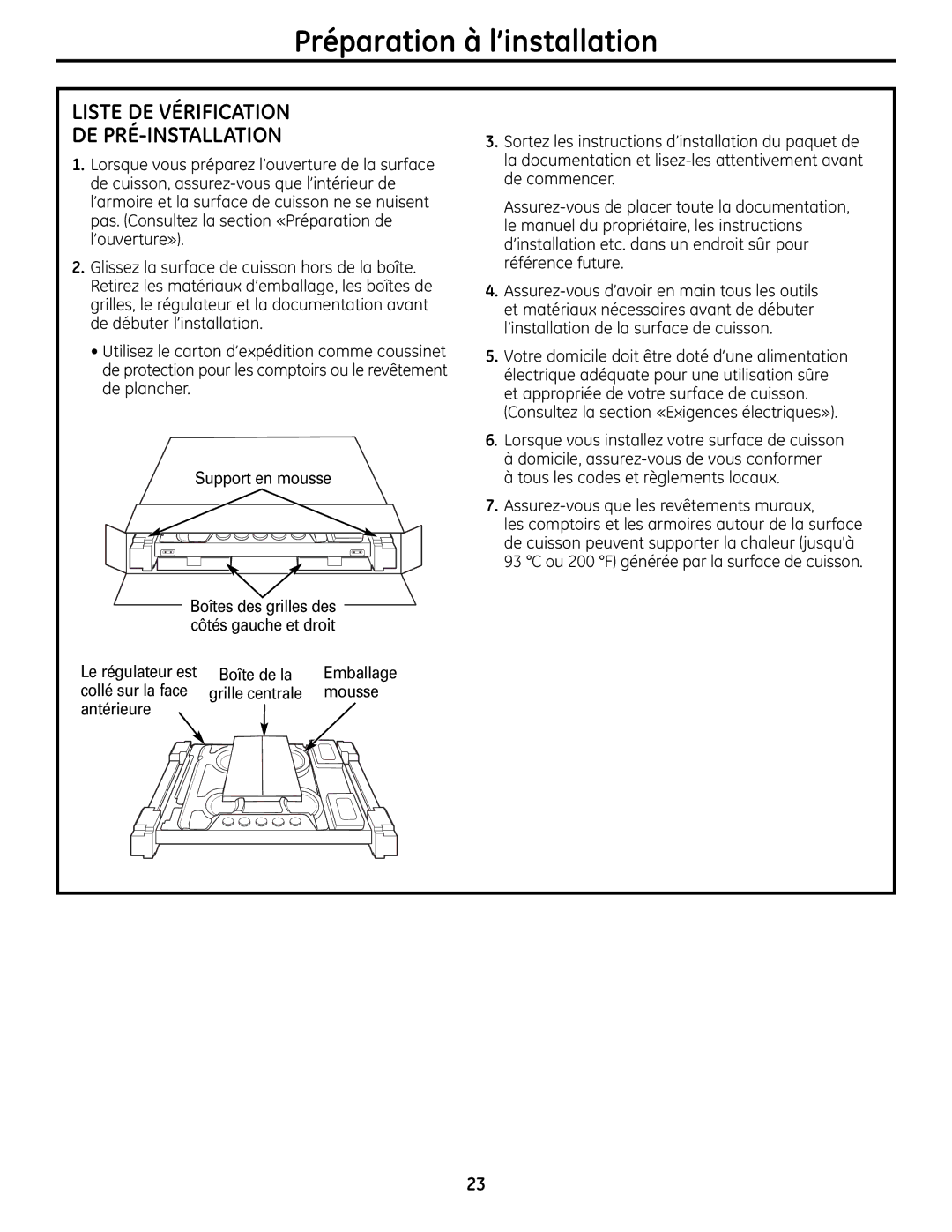 GE ZGU385L, ZGU385N Liste DE Vérification DE PRÉ-INSTALLATION, Emballage, Collé sur la face, Mousse 