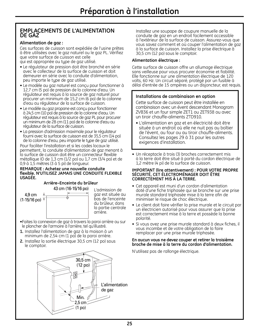 GE ZGU385L, ZGU385N installation instructions Emplacements DE L’ALIMENTATION DE GAZ, Alimentation de gaz, 30,5 cm 12 po 