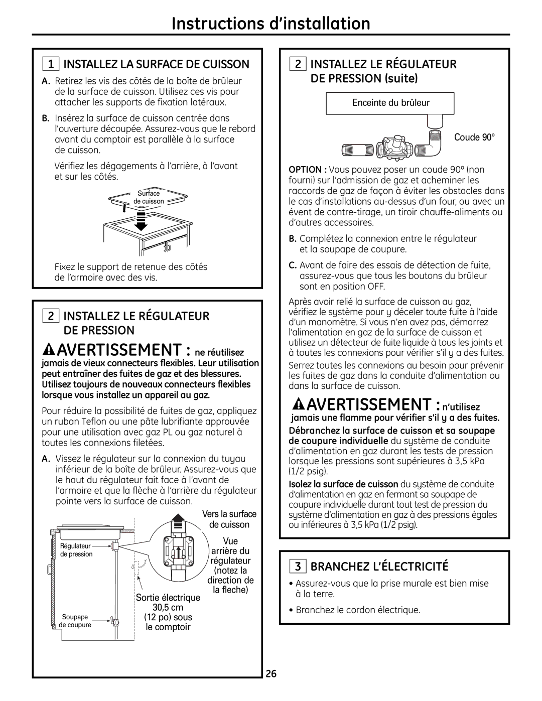 GE ZGU385N Instructions d’installation, Avertissement ne réutilisez, Avertissement n’utilisez, Branchez L’ÉLECTRICITÉ 