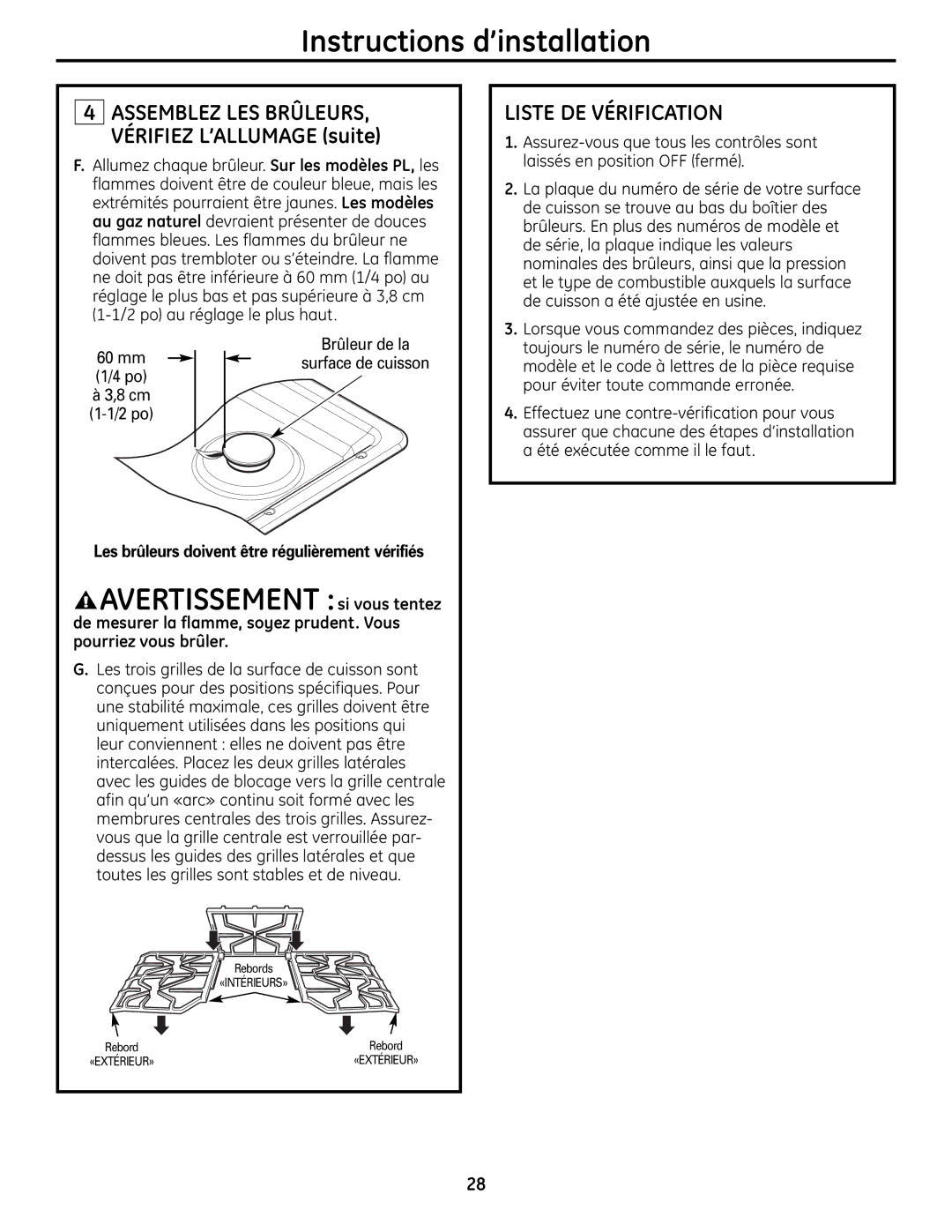 GE ZGU385N, ZGU385L installation instructions Liste DE Vérification, Brûleur de la Mm surface de cuisson 1/4 po 