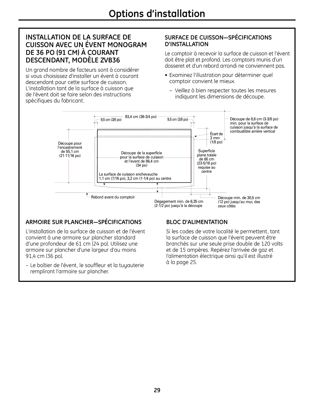 GE ZGU385L, ZGU385N installation instructions Options d’installation, Surface DE CUISSON-SPÉCIFICATIONS D’INSTALLATION 