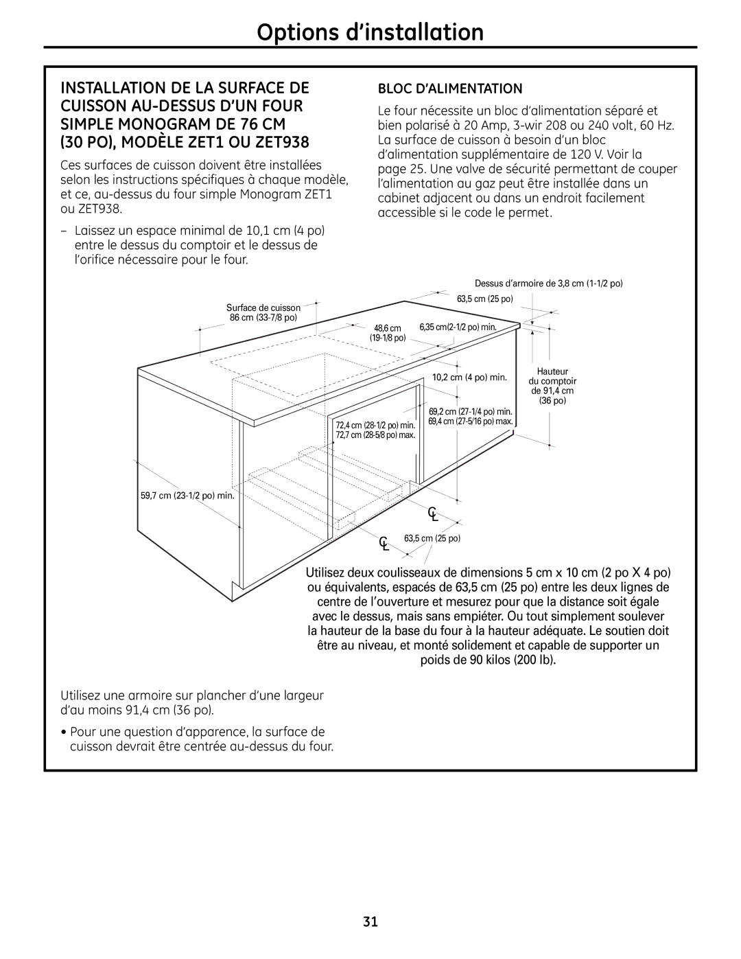 GE ZGU385L, ZGU385N installation instructions 30 PO, Modèle ZET1 OU ZET938 