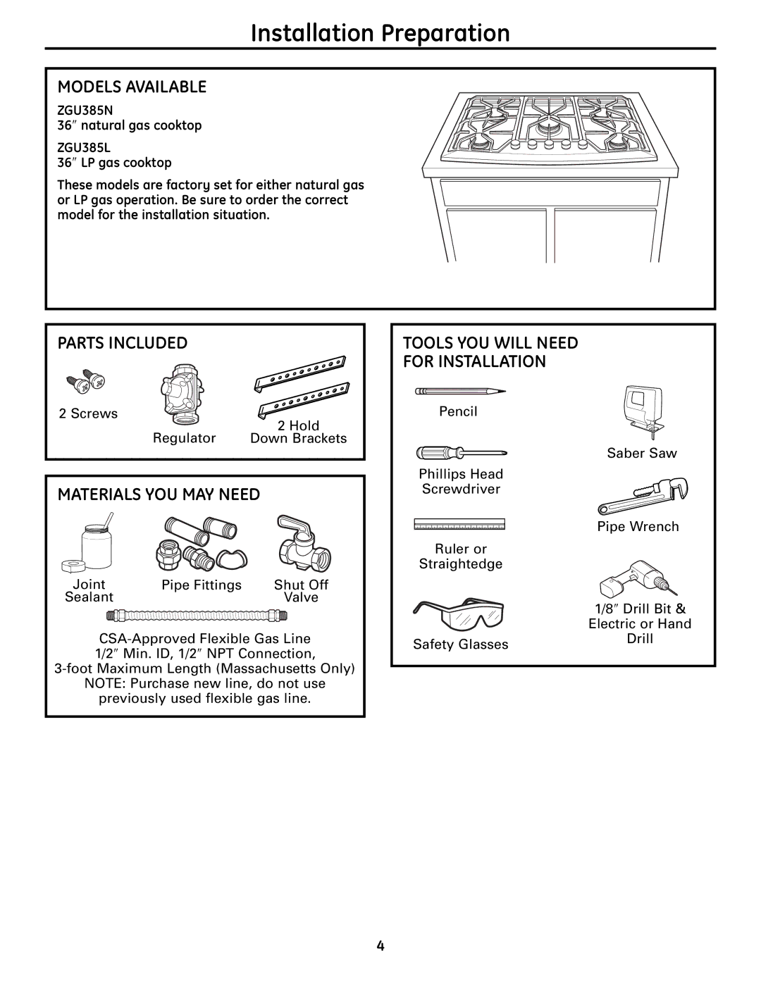 GE ZGU385N, ZGU385L Installation Preparation, Models Available, Parts Included, Materials YOU MAY Need 