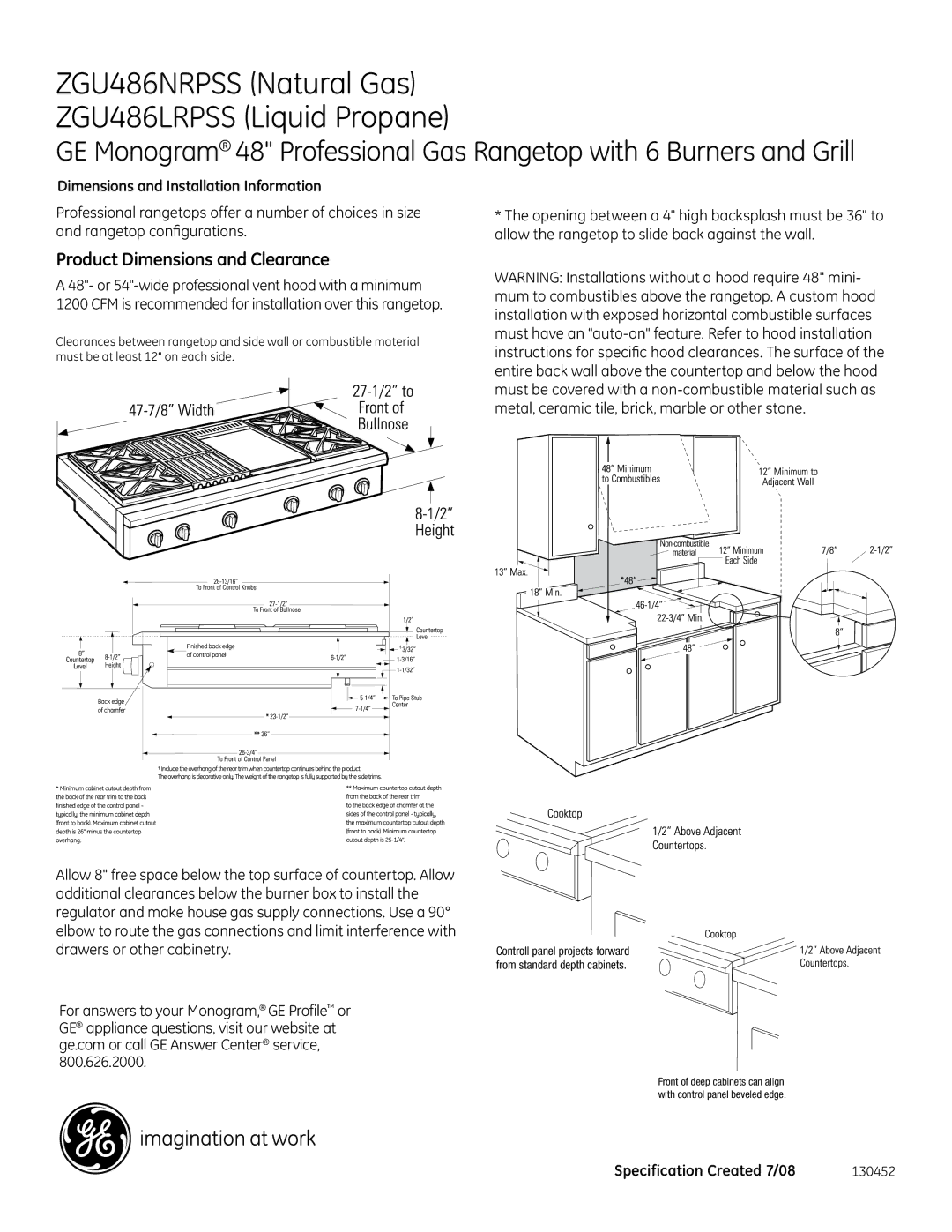 GE dimensions ZGU486NRPSS Natural Gas ZGU486LRPSS Liquid Propane, Product Dimensions and Clearance 