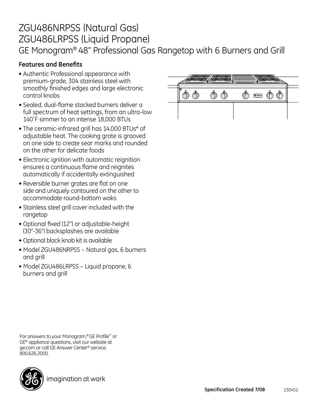 GE ZGU486NRPSS, ZGU486LRPSS dimensions Features and Benefits 