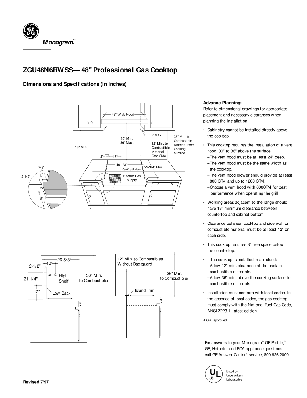 GE dimensions ZGU48N6RWSS-48 Professional Gas Cooktop, Advance Planning 