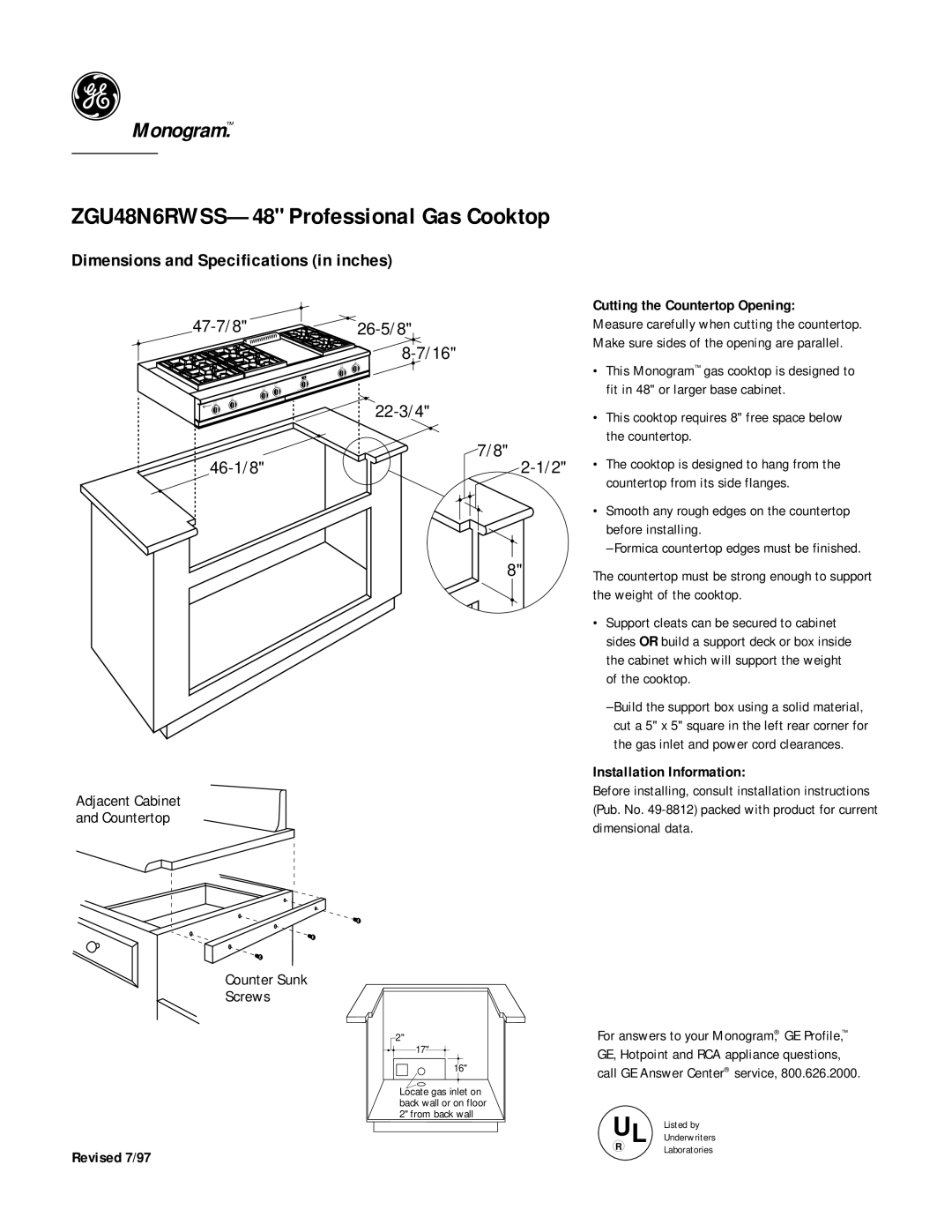 GE ZGU48N6RWSS-48 Professional Gas Cooktop, Revised 7/97 Cutting the Countertop Opening, Installation Information 