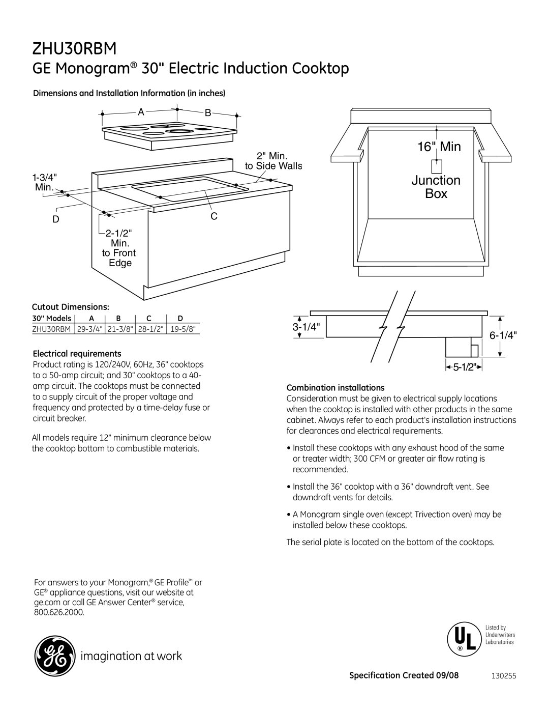 GE ZHU30RBM dimensions GE Monogram 30 Electric Induction Cooktop, Min Junction Box 