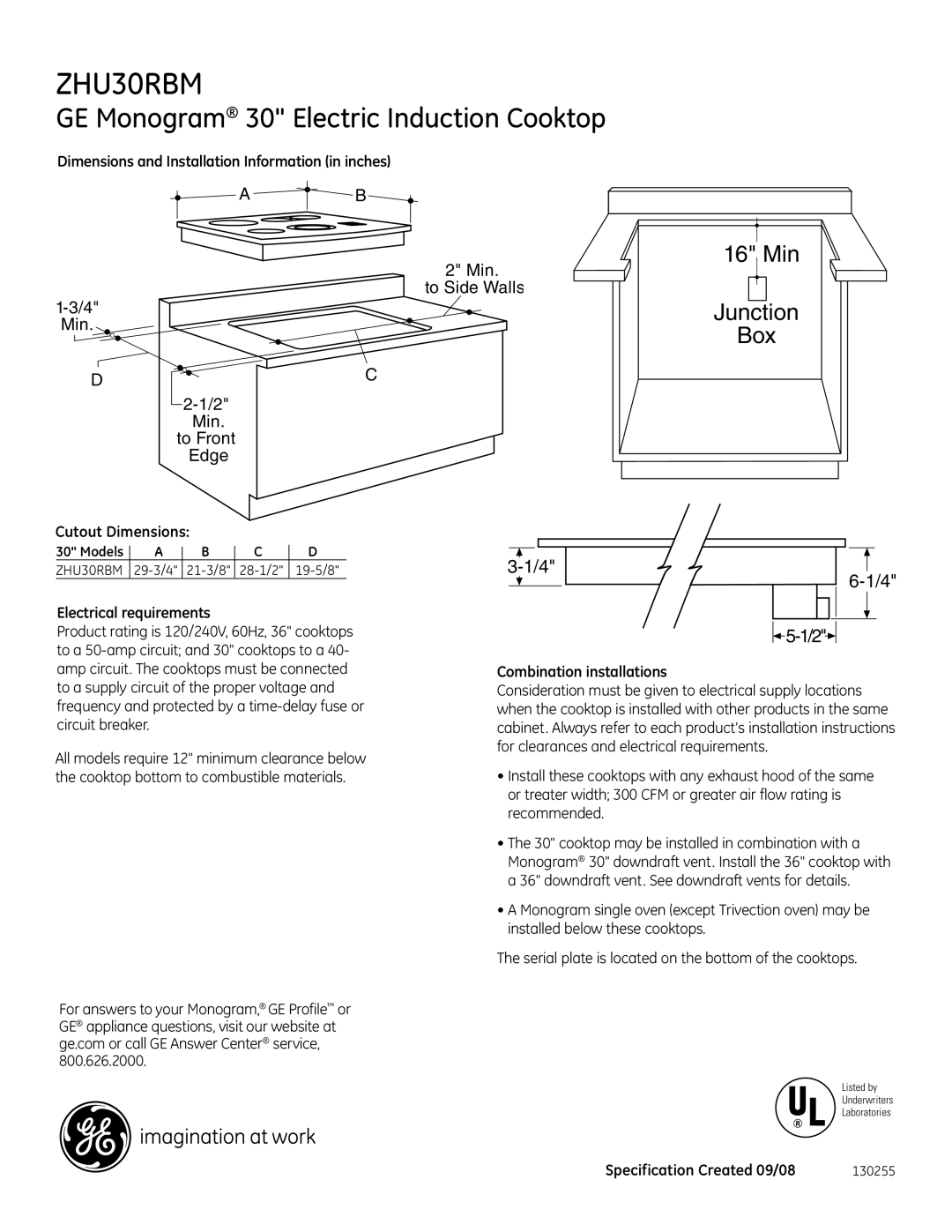 GE ZHU30RBMBB dimensions GE Monogram 30 Electric Induction Cooktop, Min Junction Box 