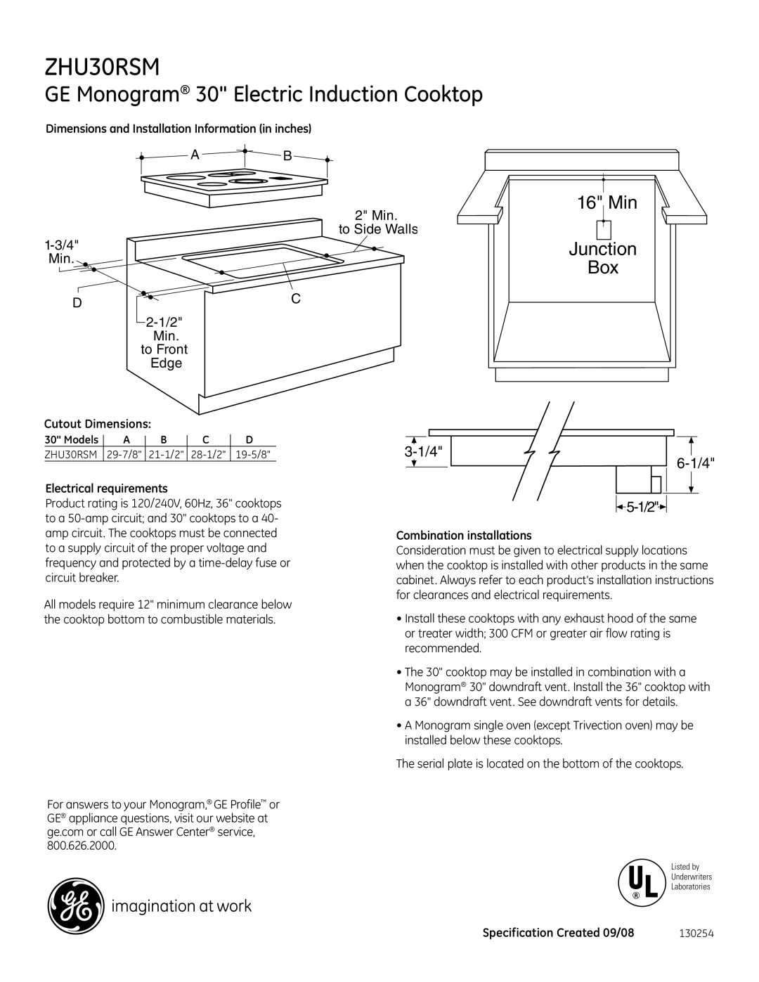 GE ZHU30RSMSS dimensions GE Monogram 30 Electric Induction Cooktop, Min Junction Box 