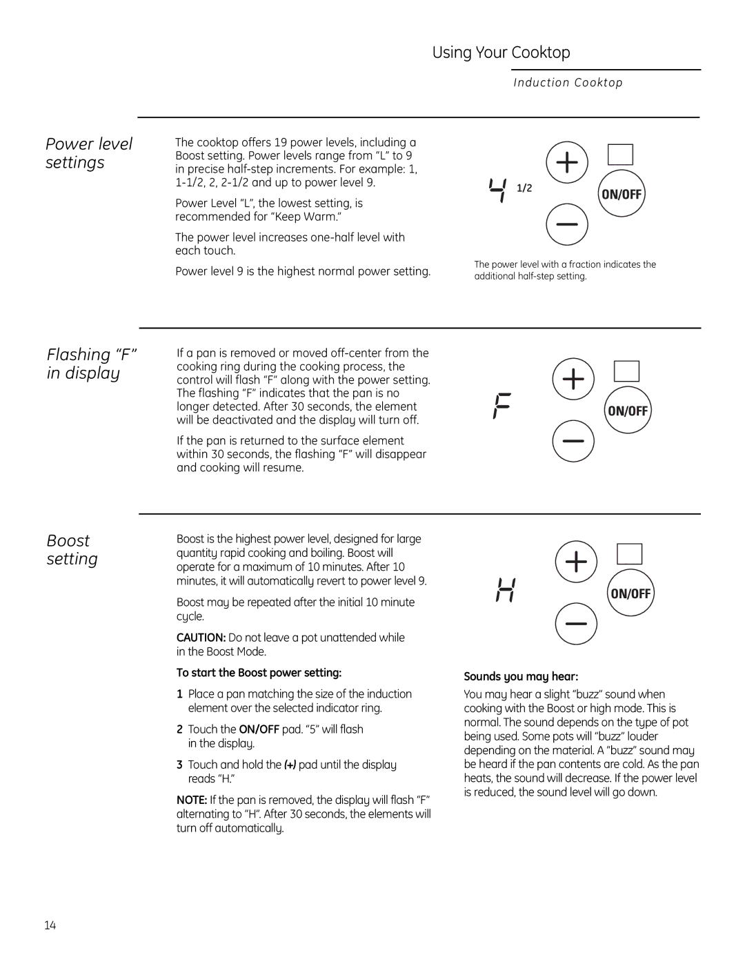 GE ZHU36 Boost setting, Power level settings, Flashing F in display, To start the Boost power setting, Sounds you may hear 