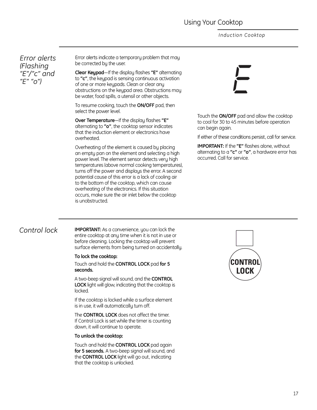 GE ZHU30, ZHU36 manual Error alerts Flashing E/c and E o, Control lock, To lock the cooktop, To unlock the cooktop 